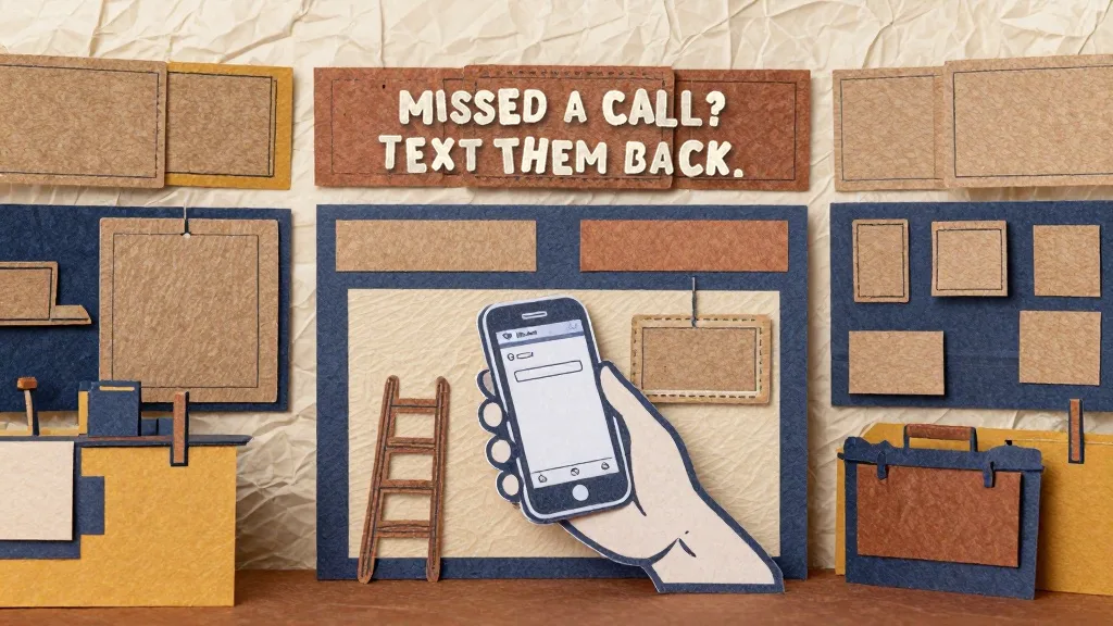 Cut-paper scene of a hand holding a phone in a small workshop, under a sign that reads Missed a call? Text them back.