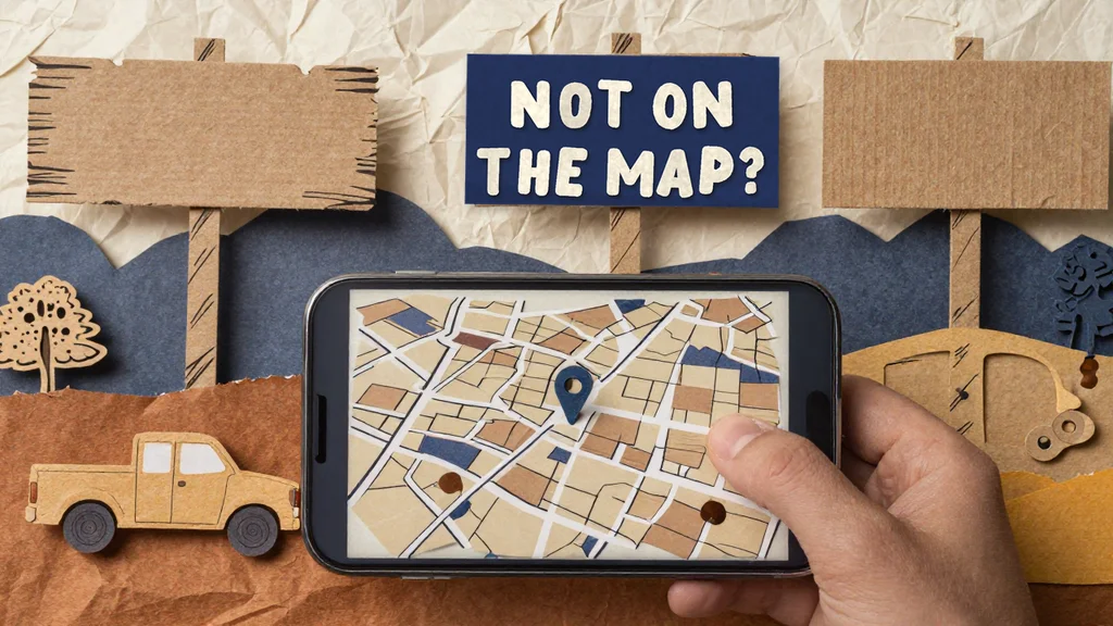 Cut-paper scene of a hand holding a phone showing a paper map, under a paper sign that reads Not on the map?